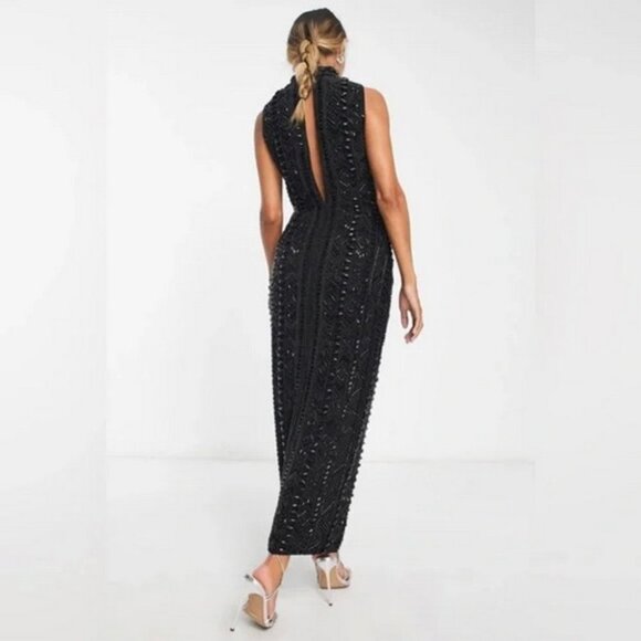 ASOS Design Black Beaded Mock Neck High-Low Dress - Picture 3 of 3